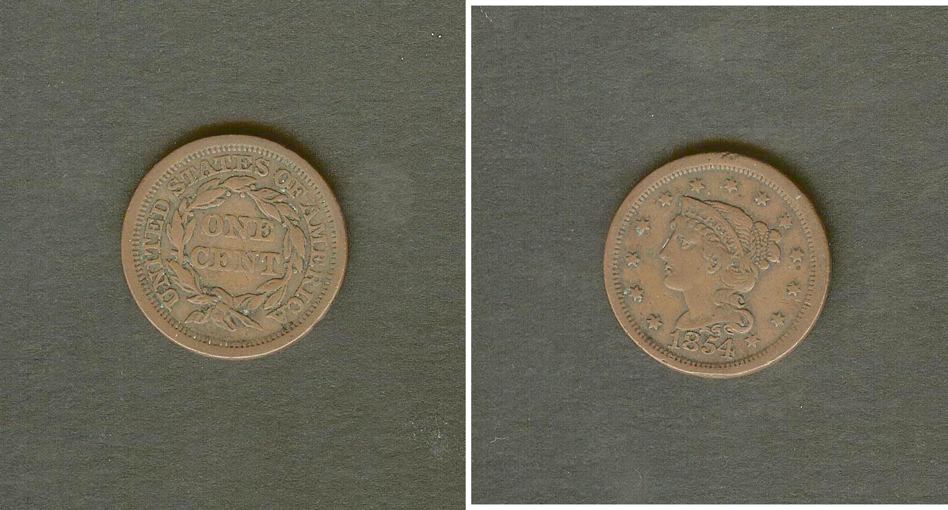 USA 1 cent "braided hair" 1854 gVF